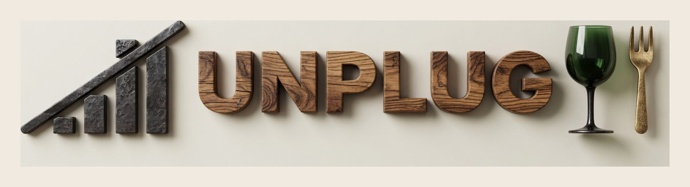UNPLUG — carved wood wordmark with falling signal bars
